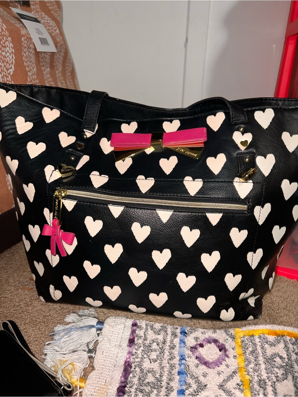 Betsey Johnson Black Heart-Print Tote Bag with Pink Accents